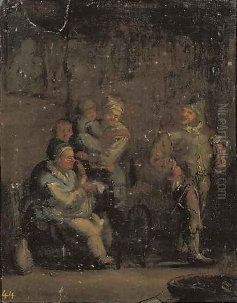 An interior with a family by a spinning wheel Oil Painting by Andries Both