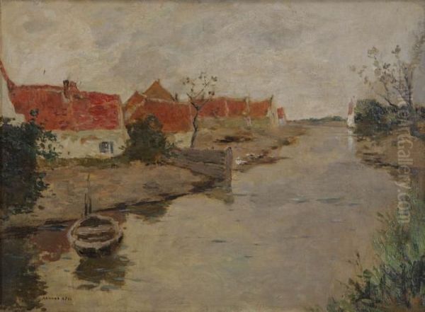 Vaartgezicht Met Bootje En Dorp Opde Achtergrond Oil Painting by Armand Apol