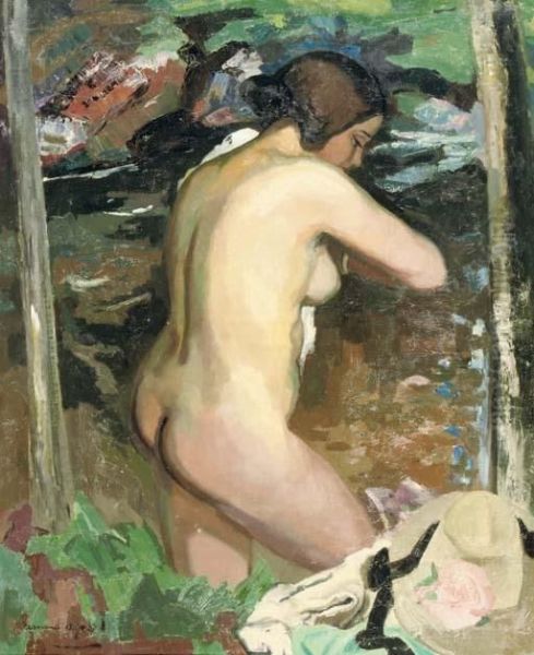 Baigneuse Profil - Bathing Nude In A Forest Oil Painting by Armand Apol