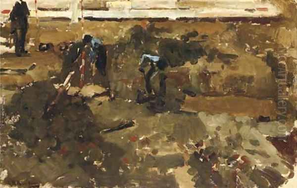 Heiwerk figures at work on a building site Oil Painting by George Hendrik Breitner