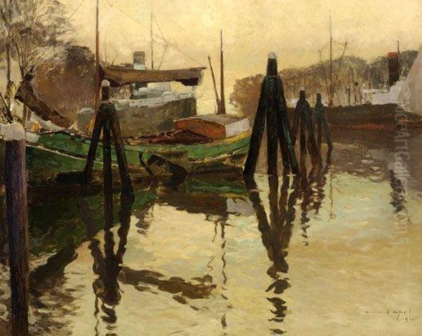 Moored Ships In A Harbour Oil Painting by Armand Apol