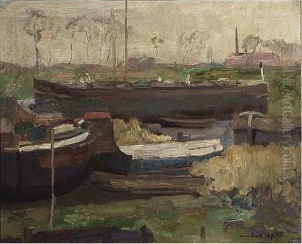 Moored Boats In A Canal Oil Painting by Armand Apol