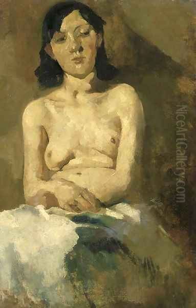 Zittend naakt met licht blauwe doek Oil Painting by George Hendrik Breitner