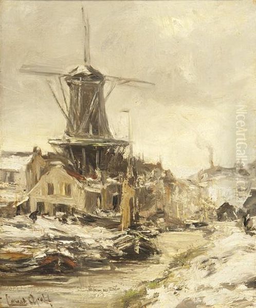 Mill In A Winter Landscape Oil Painting by Louis Apol