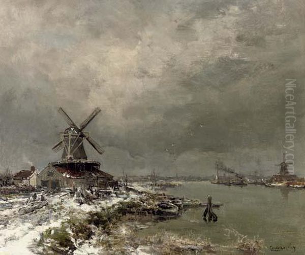 A Windmill Along A River In Winter Oil Painting by Louis Apol