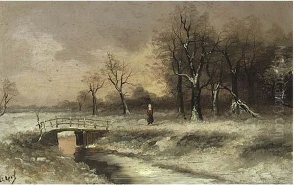 A Figure Walking Beside A Stream Oil Painting by Louis Apol