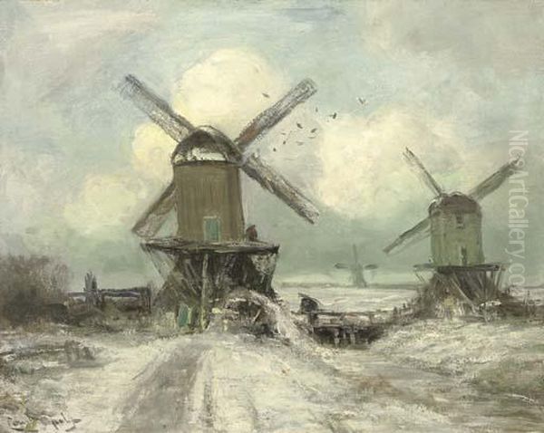 Windmills In A Snow Covered Polder Landscape Oil Painting by Louis Apol