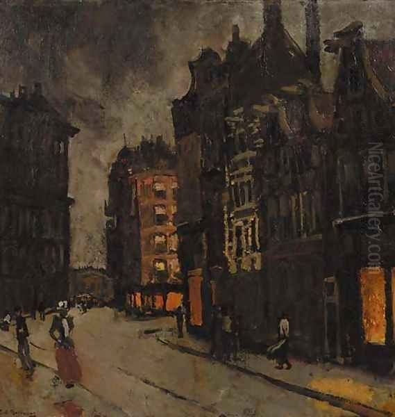 Paleisstraat te Amsterdam Figures on a street at dusk Oil Painting by George Hendrik Breitner