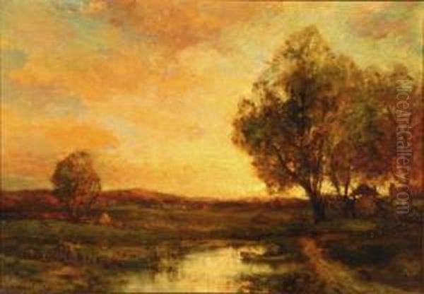 Figure Canoeing In A Landscape, Sunset Oil Painting by Charles P. Appel