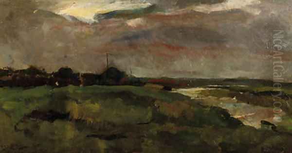 Zomerregen A polderlandscape in grey weather Oil Painting by George Hendrik Breitner