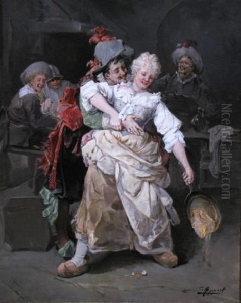 Cavalier Gentlemen Causing A Woman To Spill The Contents Of Her Skillet Oil Painting by Georges Appert