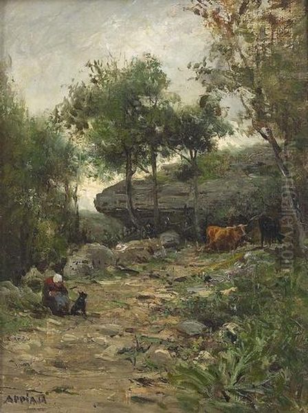 Bauerin Mit Rindern In Waldiger Landschaft. Oil Painting by Louis Appian