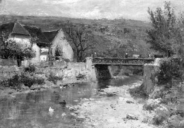 A Hilly Summer Landscape With A Bridge Crossing A Brook Oil Painting by Louis Appian