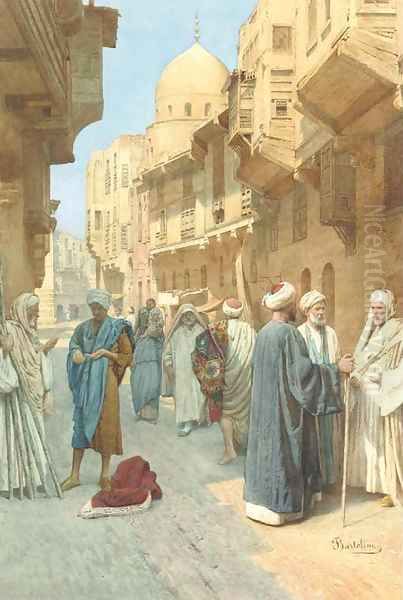 Figures conversing on a street in Cairo Oil Painting by Filipo or Frederico Bartolini