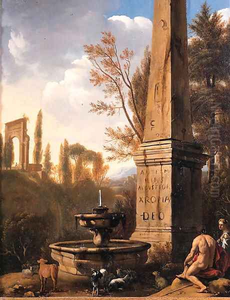 Shepherds resting by a fountain and an obelisk in an Arcadian landscape Oil Painting by Jan Gerritsz van Bronchorst