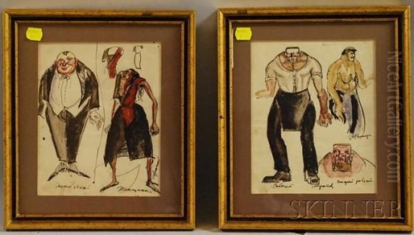 Two Framed Paris Costume Designs. Oil Painting by Alexis Pawlowitsch Arapoff