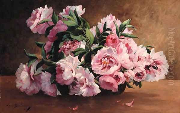 Pink peonies in a bowl Oil Painting by Louis Boulanger