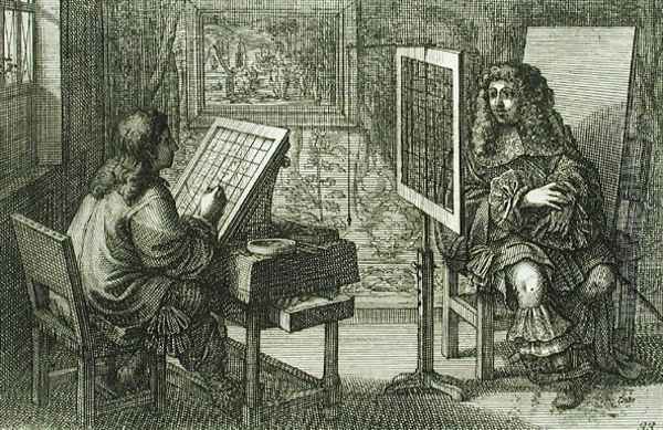 Artist painting a portrait over a grid for accurate proportion, printed Paris 1737 Oil Painting by Abraham Bosse