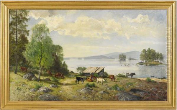 Nordsvenskt Landskap Med Kor Pa Bete Oil Painting by Olof Arborelius