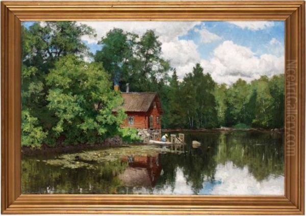 Insjo Landskap Med Rod Stuga Oil Painting by Olof Arborelius