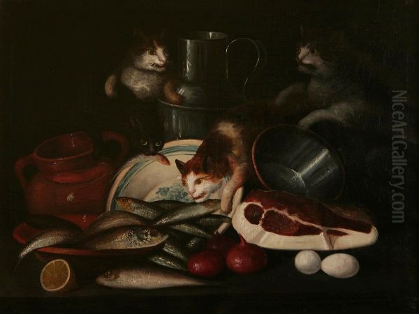 Natura Morta Con Gatti Oil Painting by Bartolomeo Arbotori