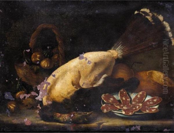 Still Life Of A Basket Of Figs 
Together With A Plucked Bird, A Plate Of Salami And Loaves Of Bread On A
 Stone Ledge Oil Painting by Bartolomeo Arbotori