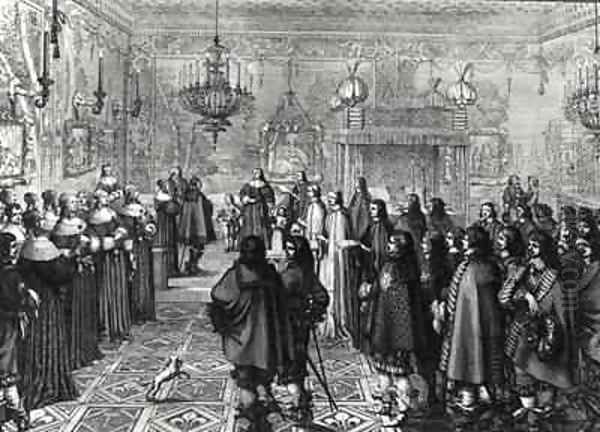 Ceremony passing the marriage contract of Wladyslaw IV (1595-1648) and Maria Ludwiga Gonzaga (1611-67) at Fontainebleau Oil Painting by Abraham Bosse