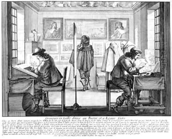 Plate engravers working with gallery behind Oil Painting by Abraham Bosse