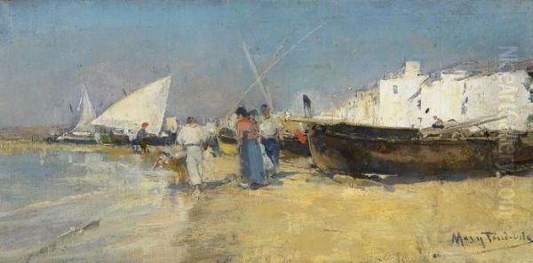 Pescadores Y Barcas En La Playa De Sitges Oil Painting by Fondevila Arcadi Mas I