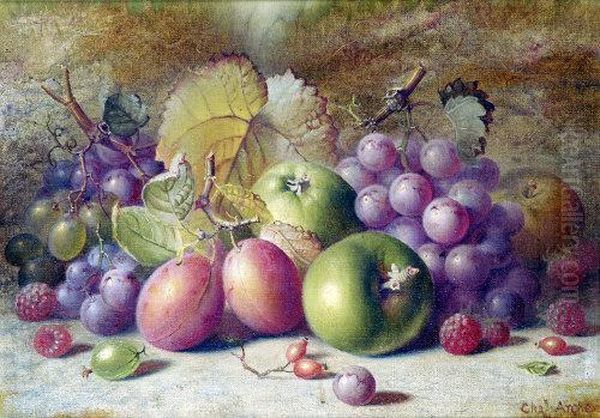 Still Life, Plums, Apples, Raspberries And Grapes On A Mossy Bank Oil Painting by Charles Archer