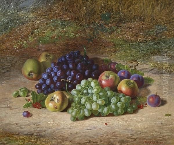 Still Life Of Grapes, Apples And Plums On A Mossy Bank Oil Painting by Charles Archer