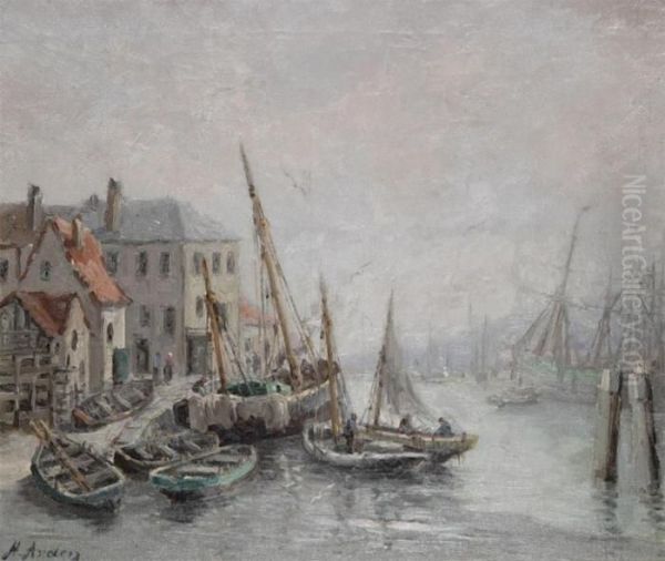 Harbour Village With Moored Fishing Boats Oil Painting by Henri Arden