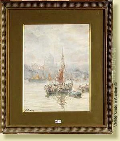 Leport De Londres, Aquarelle Sur
 Papier. Signee En Bas A Gauche H.arden. Ecole Belge. Dim.: 37x27,5cm Oil Painting by Henri Arden