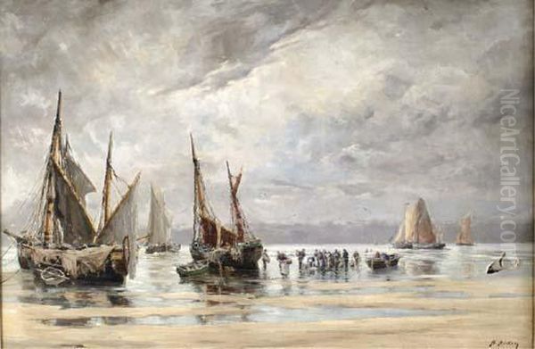 Fishing Boats Offshore Oil Painting by Henri Arden