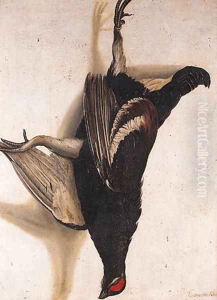 A tromp-l'oeil of a Blackcock hanging from a Nail Oil Painting by Cornelis Biltius