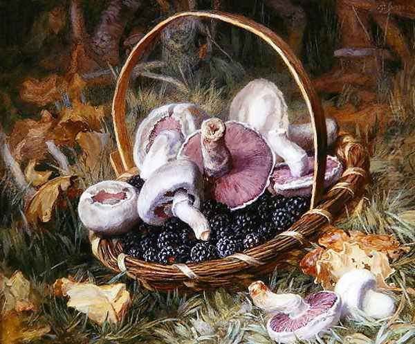 A Basket of Wild Mushrooms and Blackberries Oil Painting by Jabez Bligh