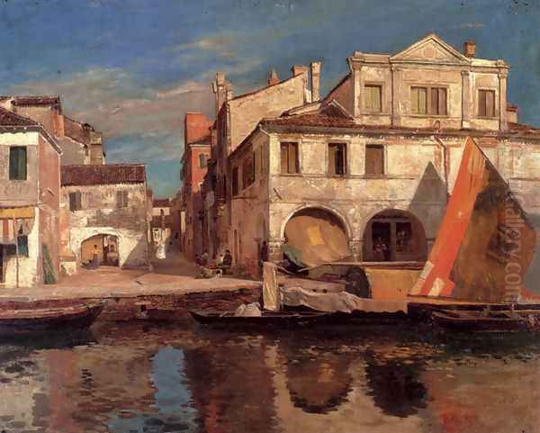 Kanalszene In Chioggia Mit Bragozzo Oil Painting by Gustave Bauernfeind