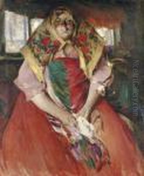 A Seated Peasant Woman Oil Painting by Abram Efimovich Arkhipov