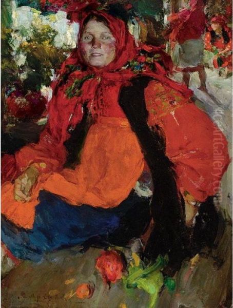 Portrait Of A Russian Peasant Girl Oil Painting by Abram Efimovich Arkhipov