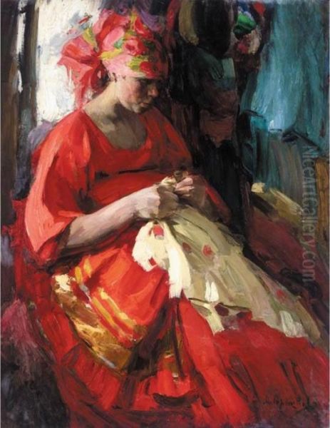 Russian Beauty At Her Embroidery Oil Painting by Abram Efimovich Arkhipov