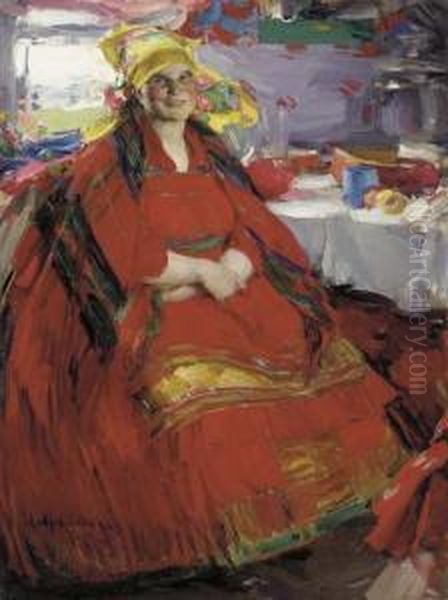 Russian Peasant Woman Drinking Tea Oil Painting by Abram Efimovich Arkhipov