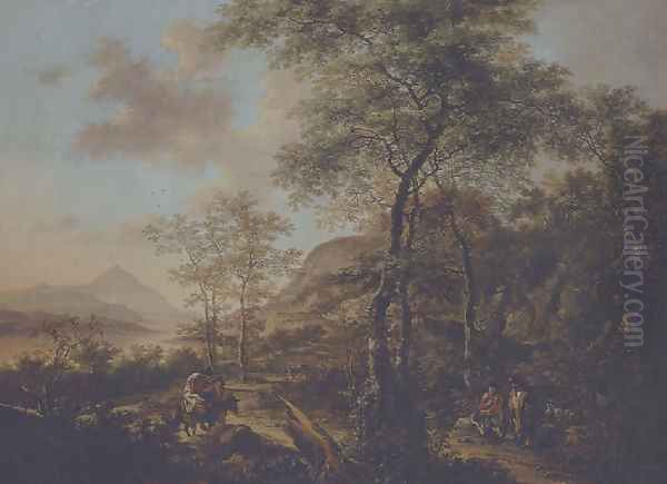 An Italianate evening landscape with a muleteer and goatherds on wooded path, a river and mountains beyond Oil Painting by Jan Both