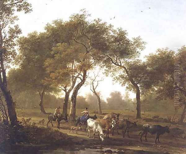 Two peasants with a herd of cattle on a wooded path leading to a lake Oil Painting by Jan Both