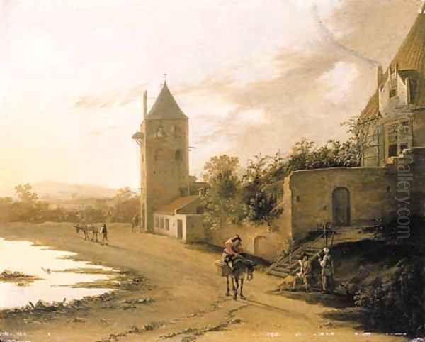 An Italianate landscape with travellers on a path before the Plompetoren, Utrecht Oil Painting by Jan Both