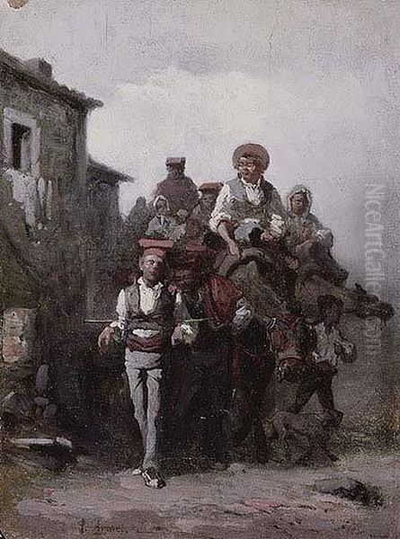 Campesinos Catalanes Oil Painting by Jose Armet Y Portanell