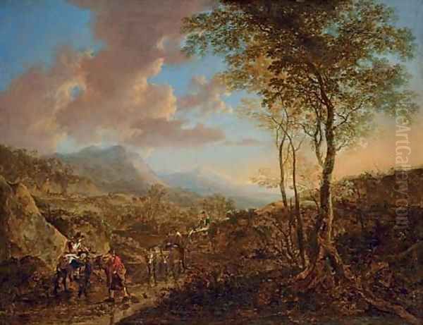 An Italianate landscape with peasants on a path Oil Painting by Jan Both