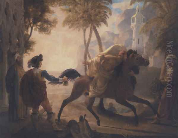 A coastal landscape with a cavalier purchasing an Arab stallion Oil Painting by Pierre-Nolasque Bergeret