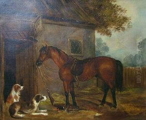 Horse And Dogs Resting Outside A Barn Oil Painting by George Armfield