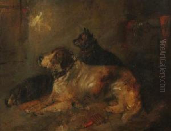 Interior With Three Dogs Oil Painting by George Armfield