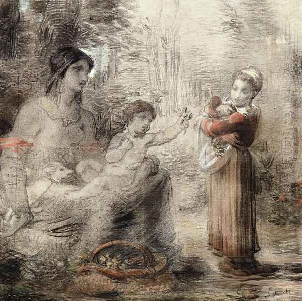 A Peasant Girl Offering Flowers to a Woman and Child Oil Painting by William (P.) Babcock